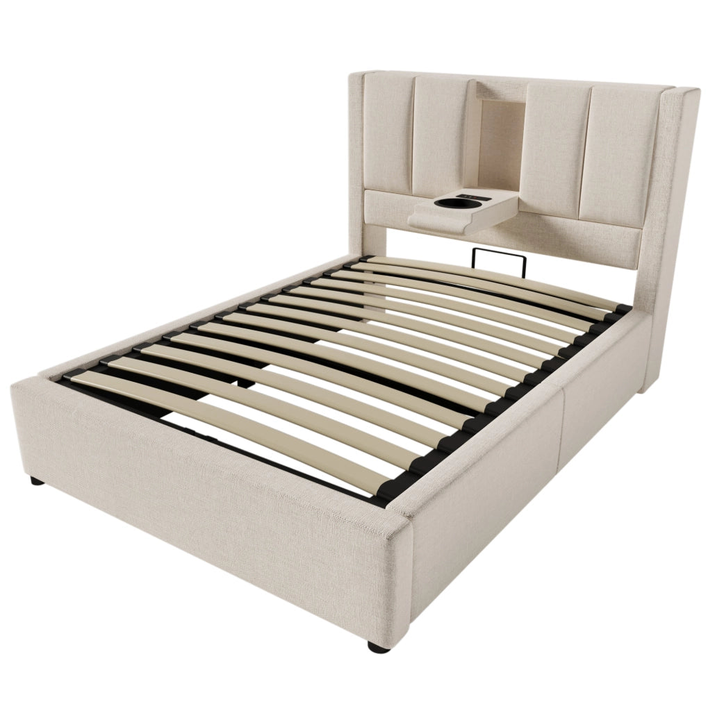 Letto imbottito 90x200 cm con portabicchiere pieghevole e stazione di ricarica; beige