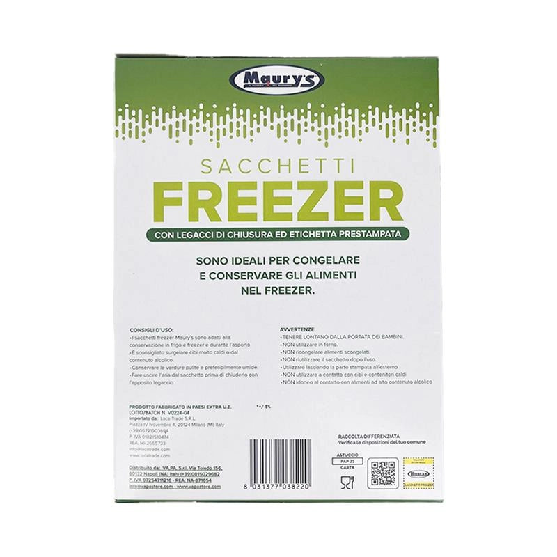 MAURY'S SACCHETTI FREEZER CON LEGACCI DI CHIUSURA ED ETICHETTA PRESTAMPATA 50 SACCHETTI GRANDI 29X42 CM
