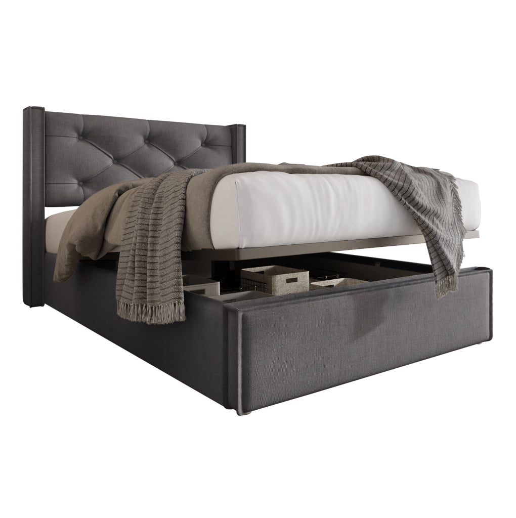 Letto imbottito 90x200 cm; con contenitore e rete sollevabile; cotone; grigio (Senza materasso)