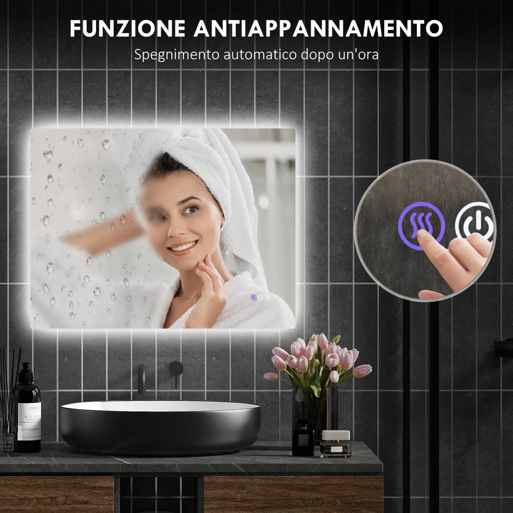Specchio da Bagno Anticondensa con Luminosit¨¤ e Colore Regolabili, in Vetro e Lega di Alluminio, 80x60x4 cm