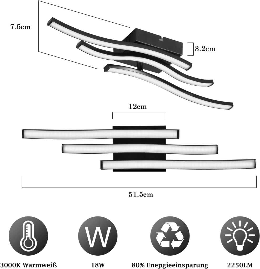 ZMH Lampada da soffitto plafoniera LED 18W nera moderna design ondulato per cucina soggiorno corridoio