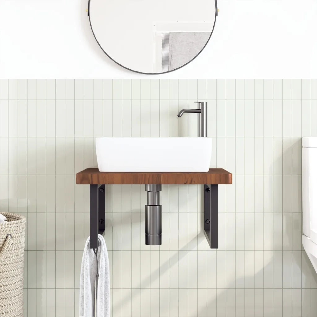 Ripiano a Parete per Lavabo in Acciaio e Massello di Rovere 3302497