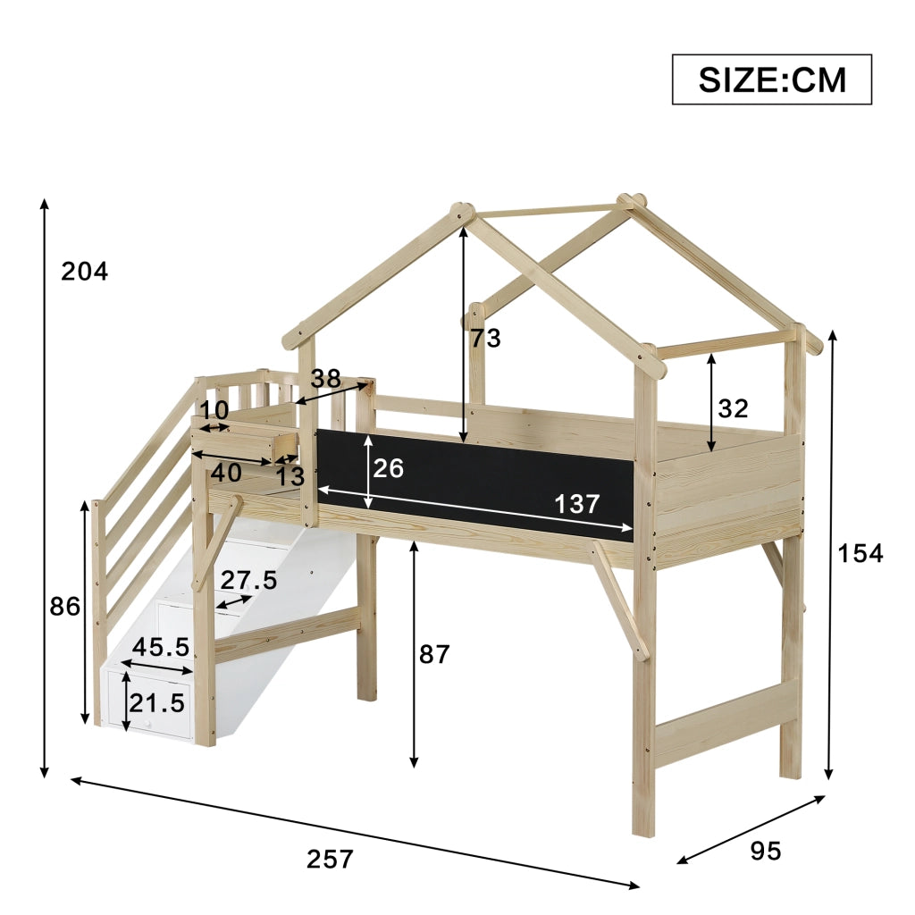 DESMIU Letto a castello 1 posto con barriera, lavagna e 3 vani nella scala, 90 × 200 cm, senza materasso
