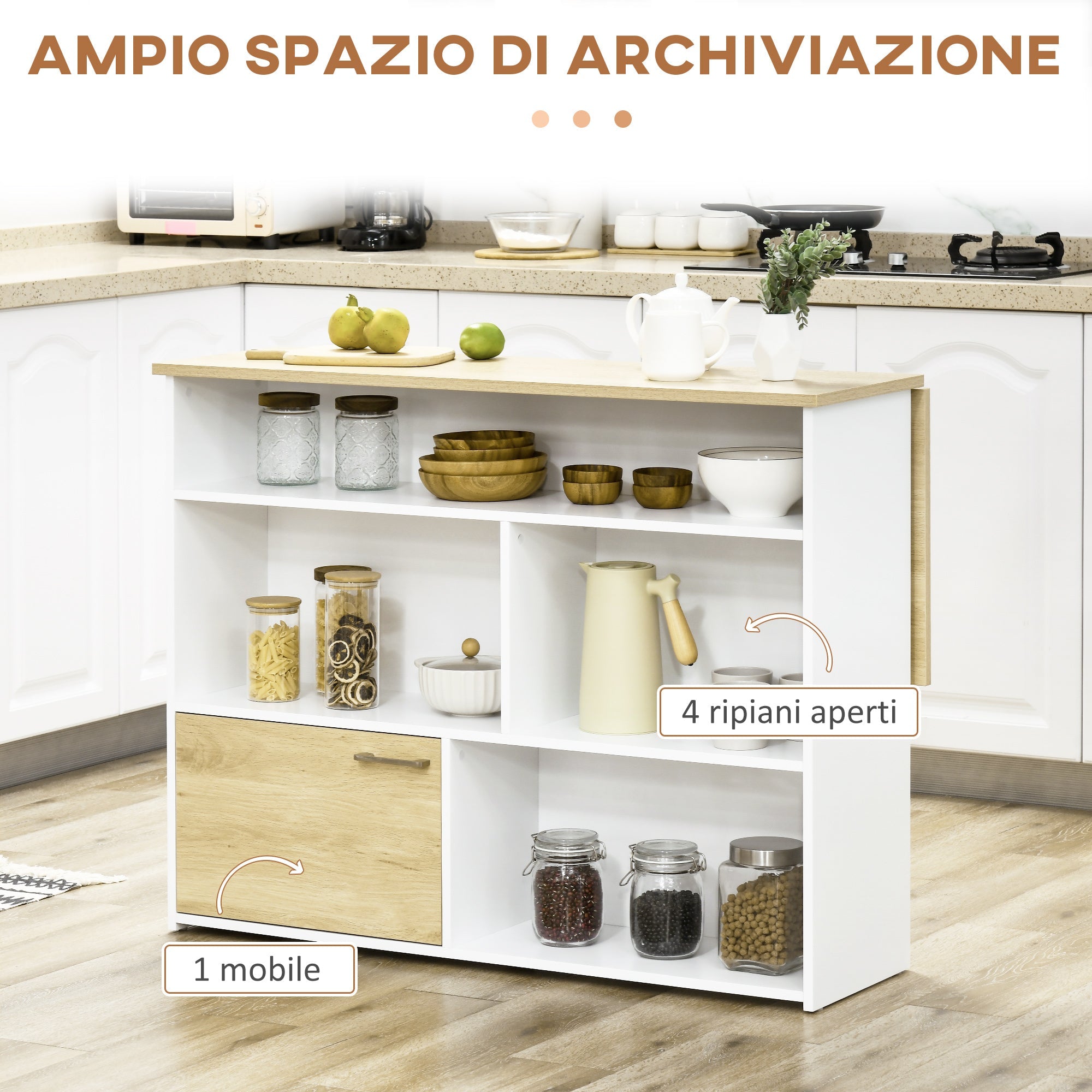 Isola da Cucina con Piano a Ribalta 116x79,5x91 cm in MDF Bianco e Legno Naturale