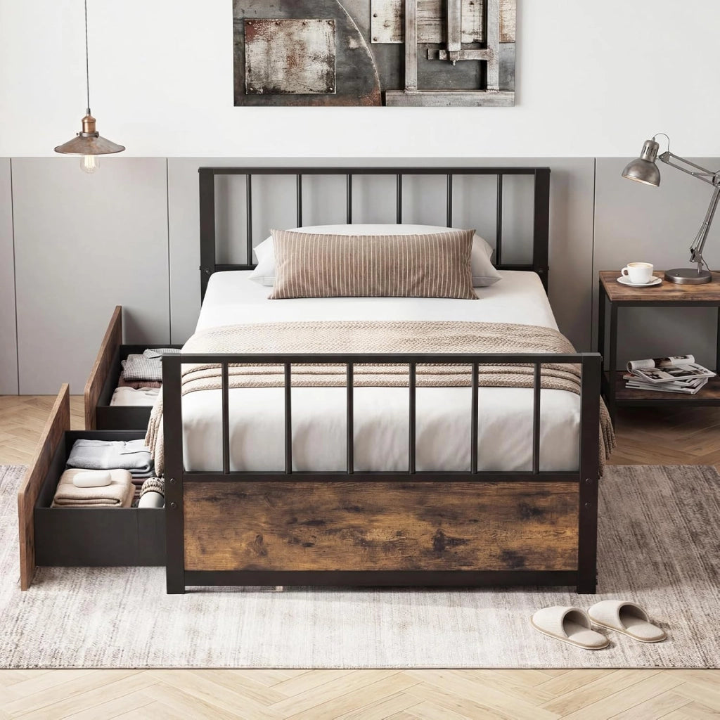 Letto Singolo 90x200 cm, Struttura Letto a Piattaforma Industriale con Testiera Pediera e 2 Cassetti, Doghe in Metallo, Silenzioso