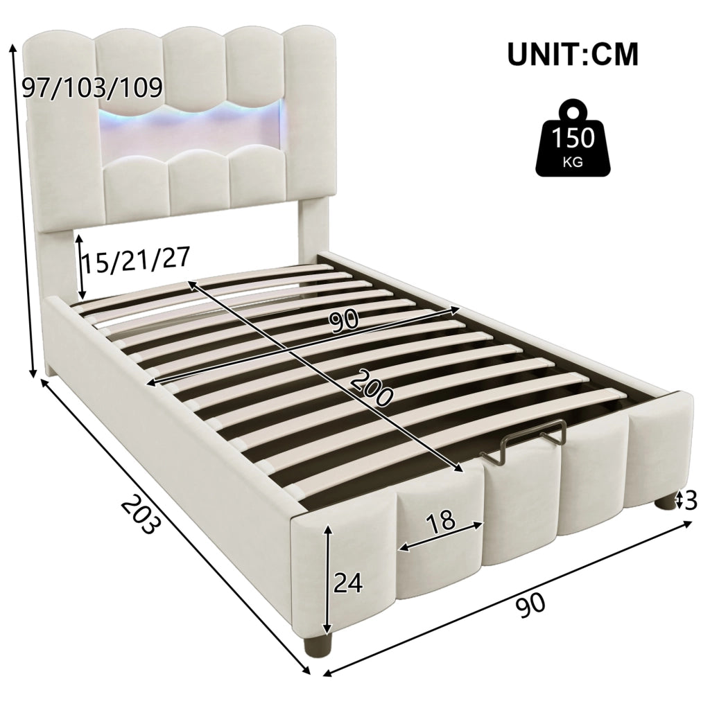 Letto imbottito 90x200 cm con contenitore idraulico; LED e testiera regolabile in velluto beige