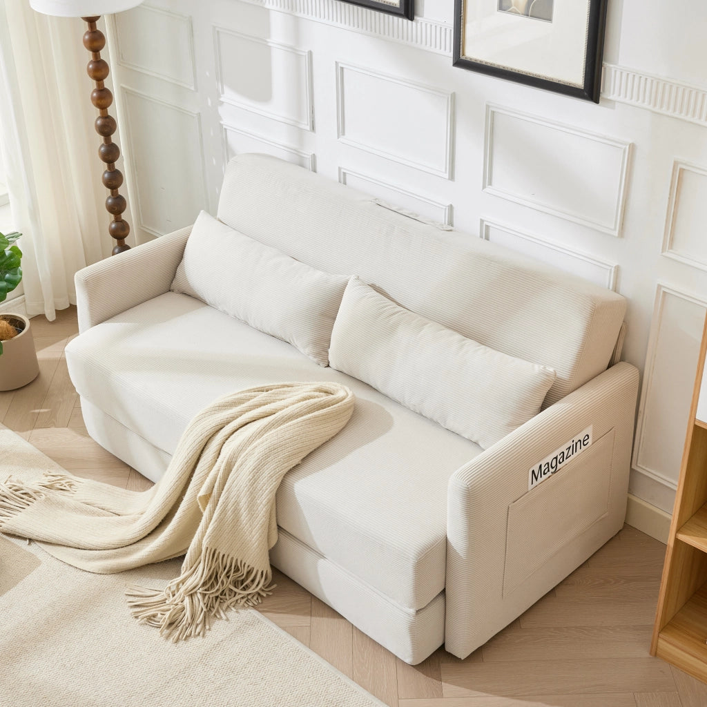 Divano letto pieghevole a 2 posti in tessuto effetto corda con 2 cuscini lombari e tasche beige per piccoli spazi