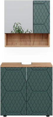 Set mobili bagno Irma, Quercia verde/oro, 2 parti, base 60 cm, composto da specchio da bagno e mobile sottolavabo