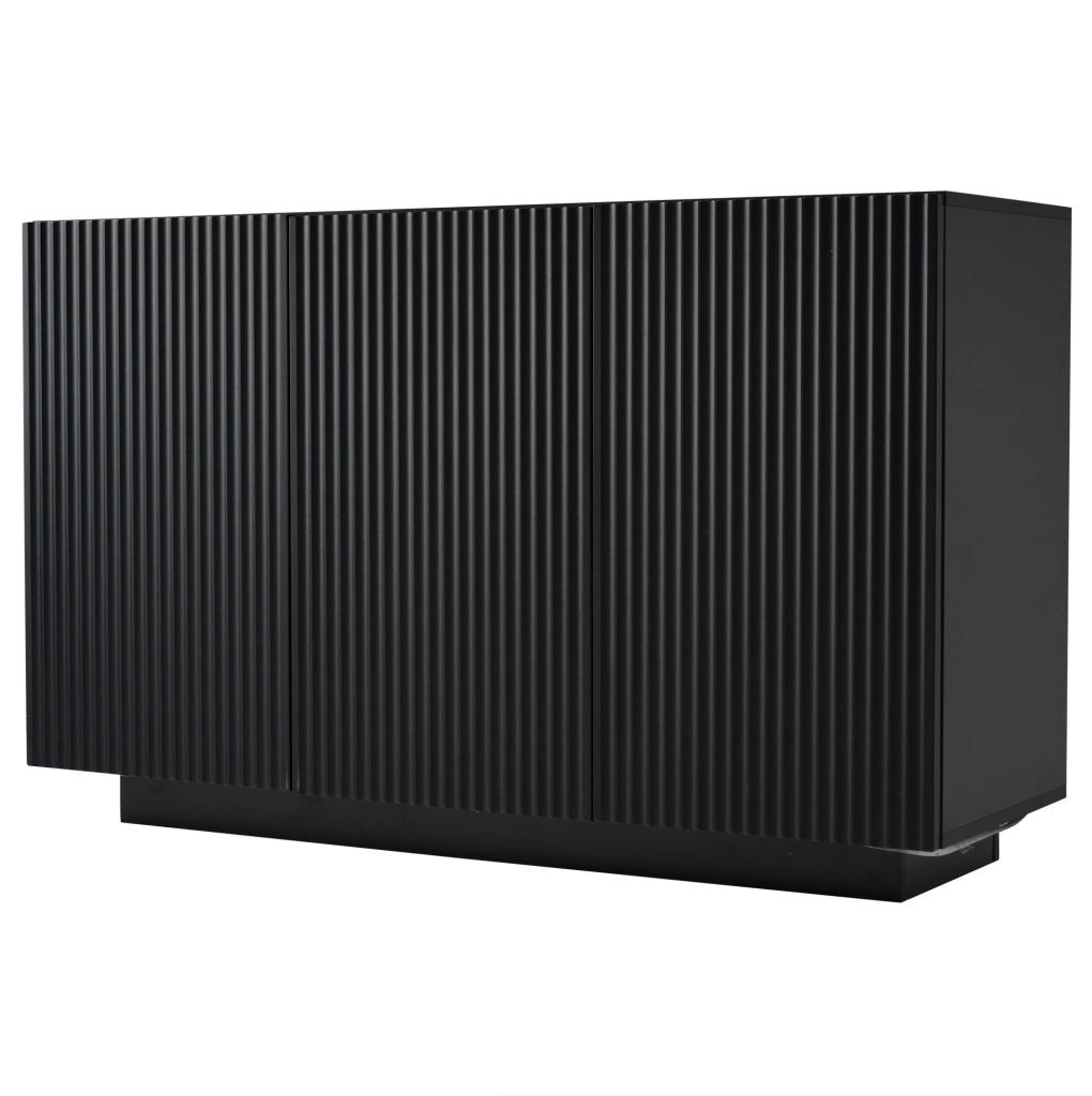 Credenza moderna 120 cm con LED Bluetooth, finitura nera effetto marmo, 3 ante e 6 scomparti