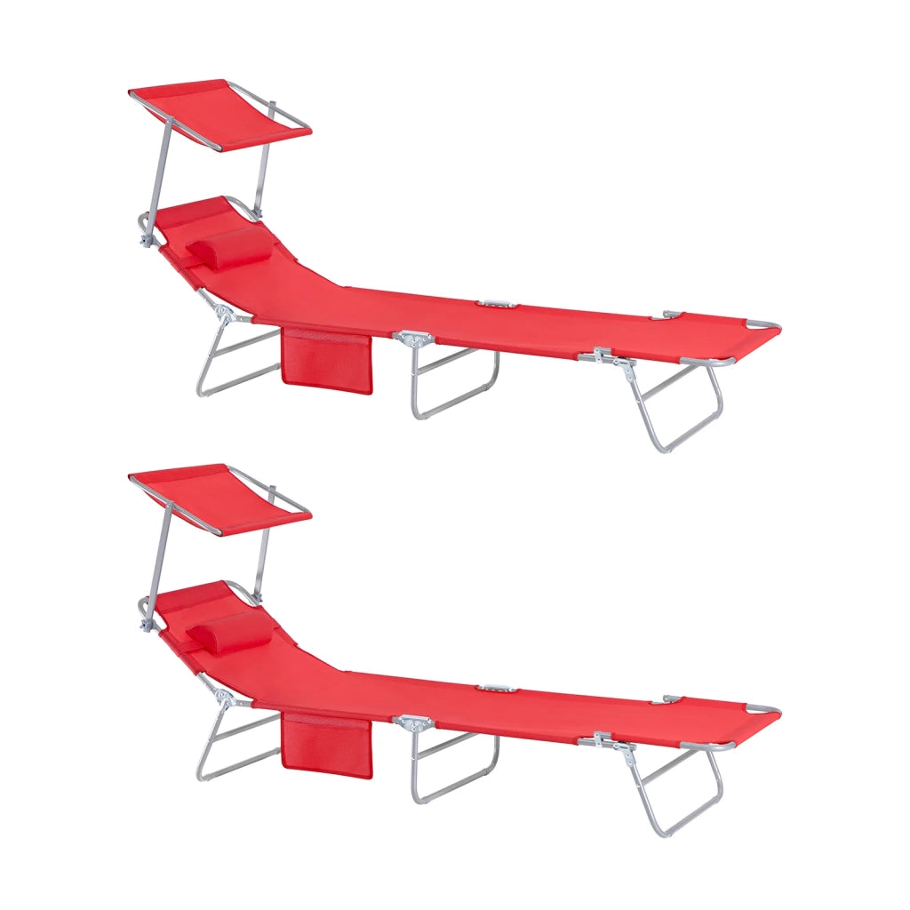 2 pezzi Lettino Prendisole Pieghevole Cuscino e Tettuccio Regolabile 4 Angoli di Reclinazione Rosso OGS48-Rx2