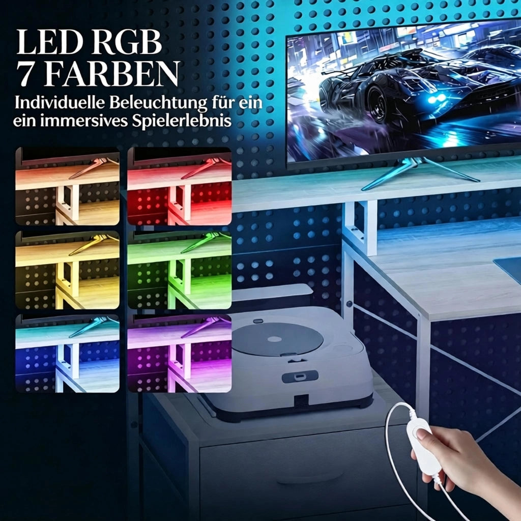Scrivania angolare per computer con illuminazione a LED RGB, prese di corrente integrate, supporto per monitor e 2 cassetti.