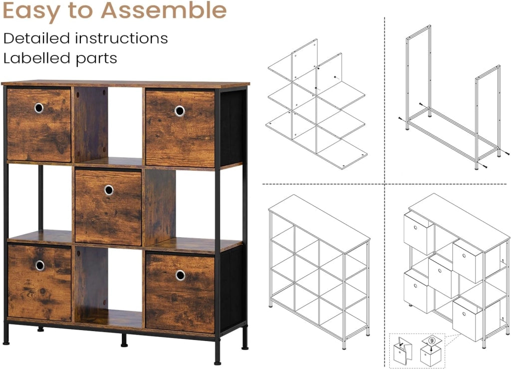 Scaffale per Libri, Scaffale con 4 Cubi Aperti e 5 Cassetti in Tessuto non Tessuto, Unità di Stoccaggio Industriale per Soggiorno/Camera da Letto/Ufficio, Legno Ingegnerizzato, RGB64vbn