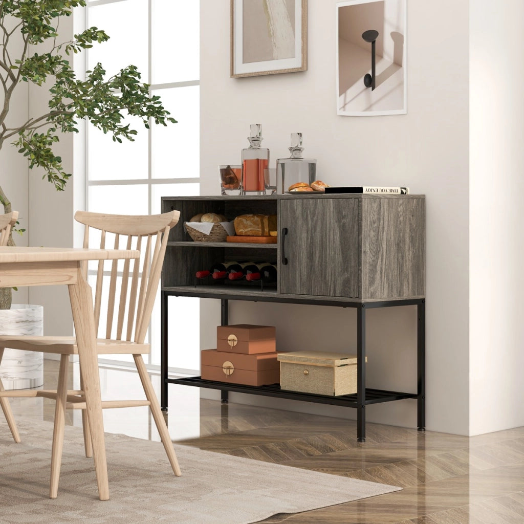 Tavolo consolle in legno con struttura metallica per sala da pranzo-Credenza buffet con portabottiglie e mensole Grigio