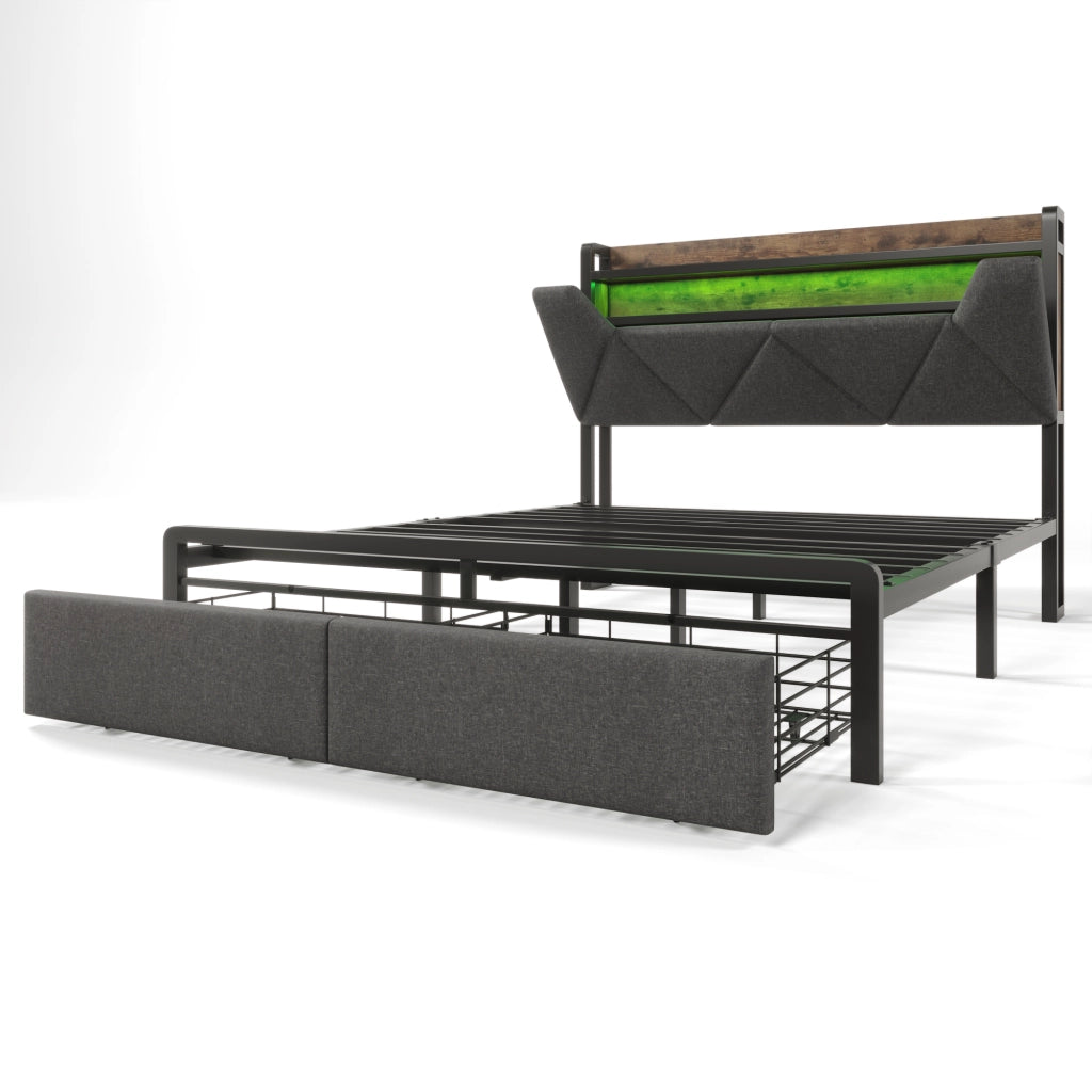 Letto matrimoniale 140x200 con testiera contenitore, LED, USB-C e 2 cassetti, struttura in metallo grigia
