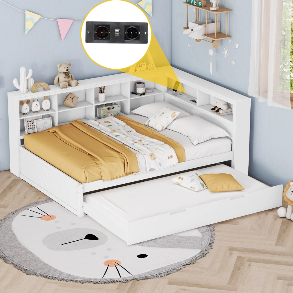 OKWISH Letto a Scomparsa 140×200 cm e 90×190 cm, Letto 3 Posti con USB, Vani Portaoggetti e Contenitori, senza Materasso, in Legno, Bianco