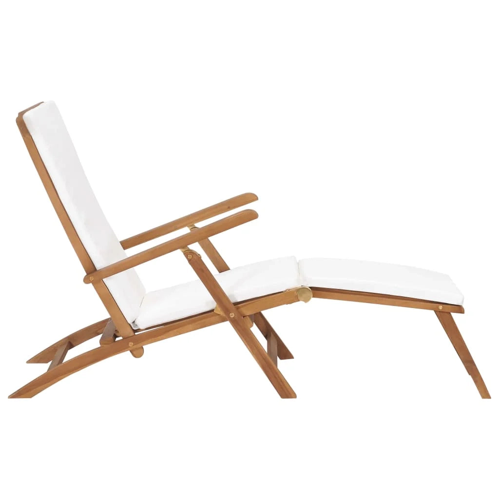 Lettino prendisole sedia a sdraio lettino prendisole letto da giardino mobili da esterno per patio con cuscino bianco crema legno massello di teak 02_0012304