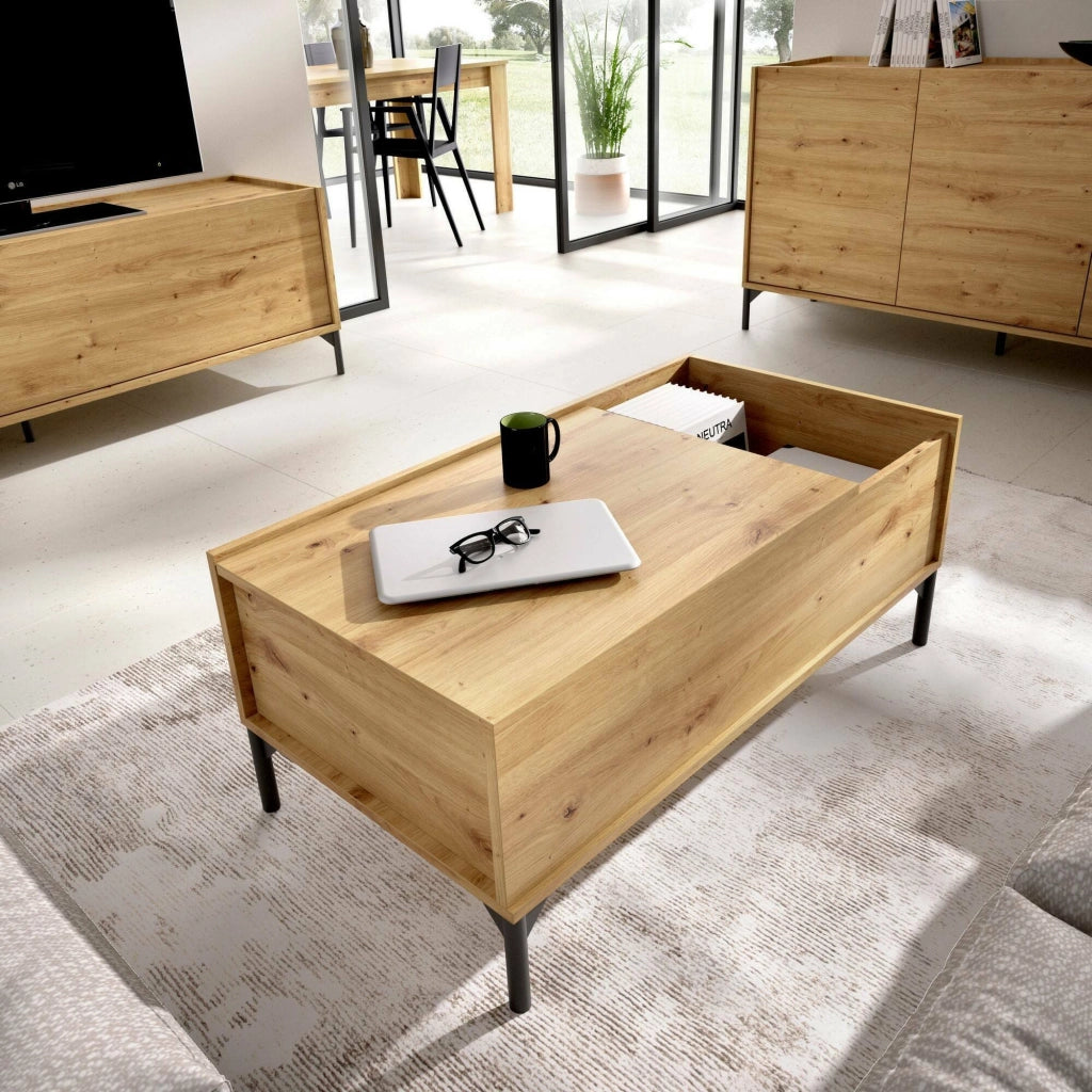 Tavolino da salotto Alexius, Porta riviste da soggiorno con vano portaoggetti, Tavolo basso da caffÒ¨ elevabile, 99x60h41 cm, Rovere Nodi