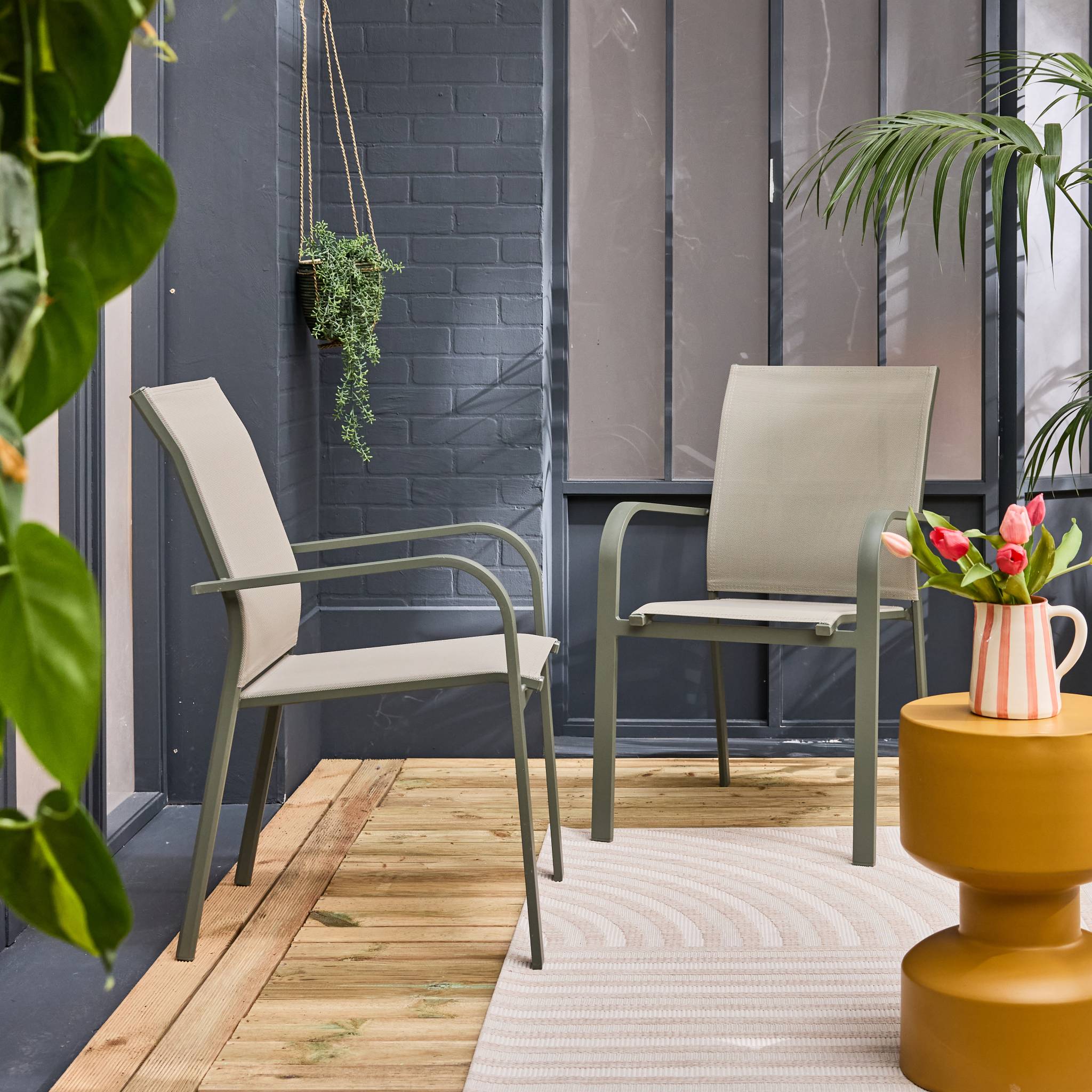 Set di 2 sedie da giardino impilabile in alluminio e textilene, verde