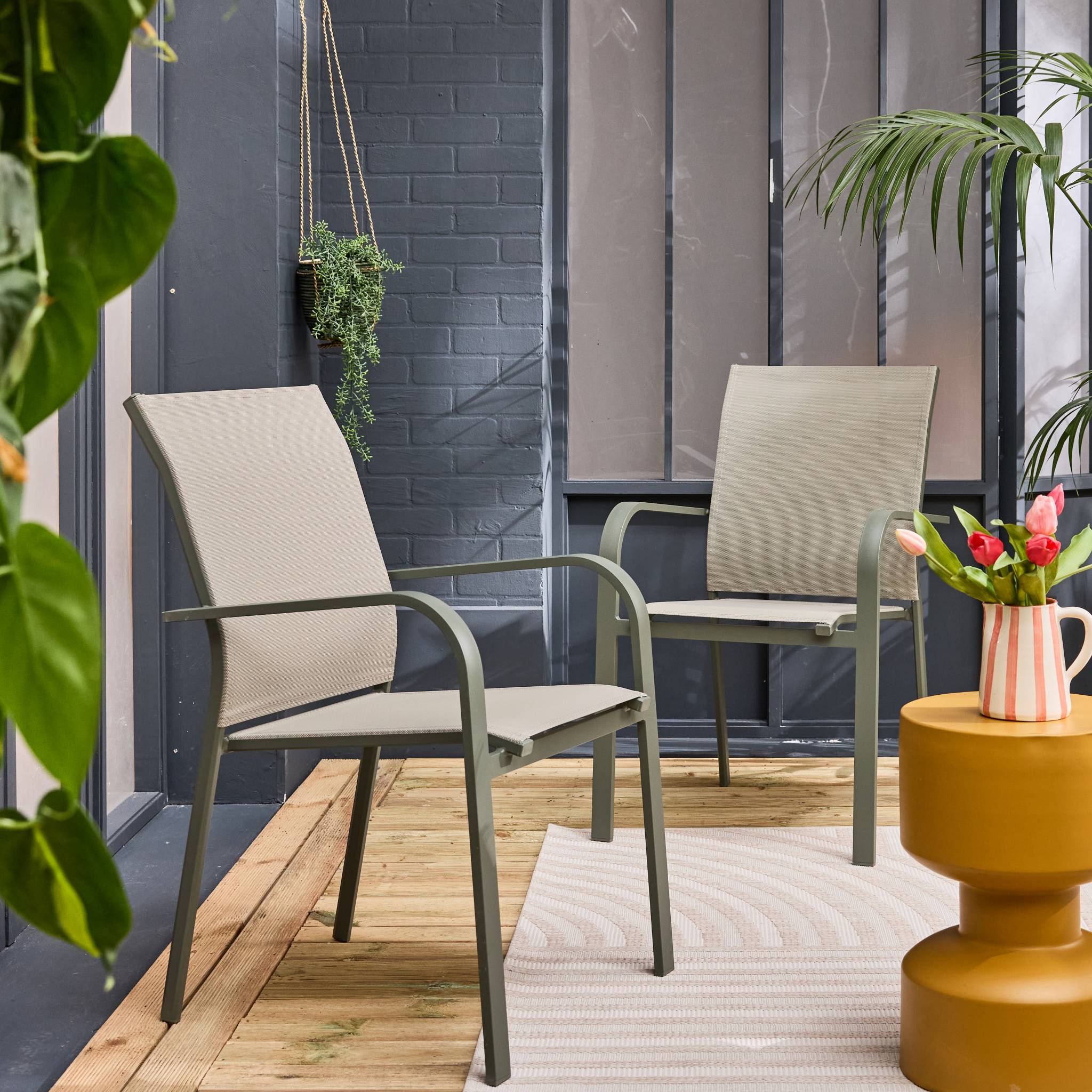 Set di 2 sedie da giardino impilabile in alluminio e textilene, verde