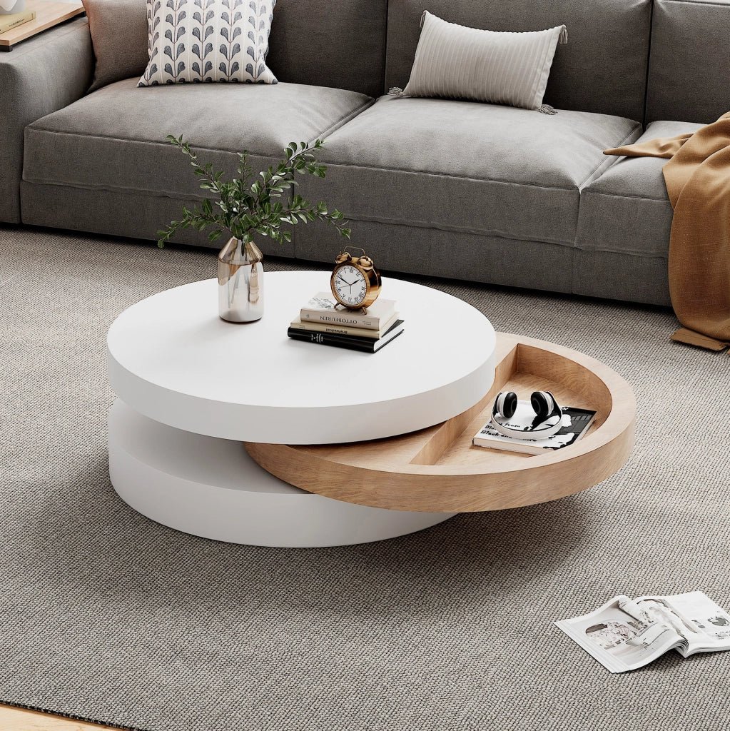 Tavolino da caffè 60 x 60 x 35;1 cm girevole 360° con vano contenitore in MDF bianco e naturale