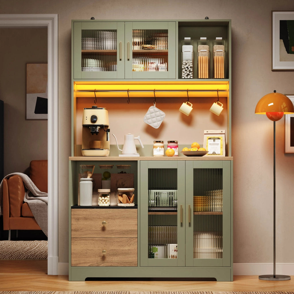 Credenza alta con vetrina, LED e prese USB, 4 ante in vetro temperato, per cucina, verde, 40 × 110 × 178 cm