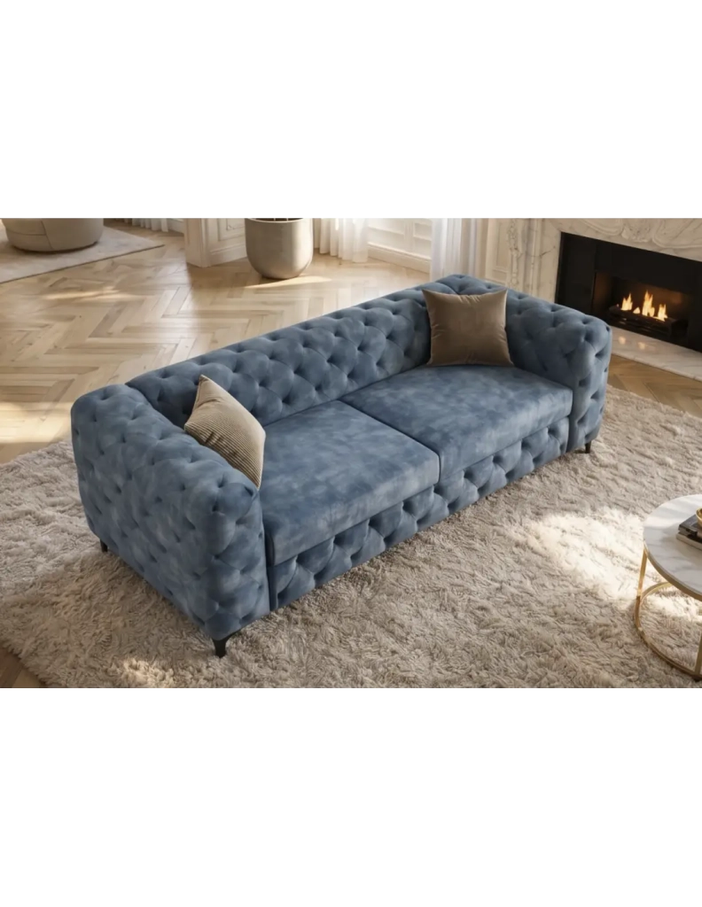Divano dritto VELENA 3 posti in velluto trapuntato - Blu - 235 x 74 x 95 cm