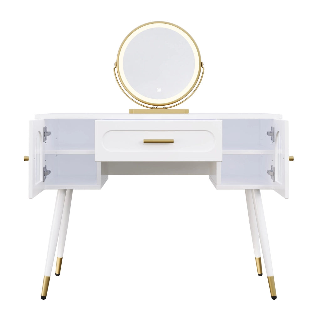 Toeletta 100x42x112 cm bianca e oro in truciolato, specchio LED e 2 ante