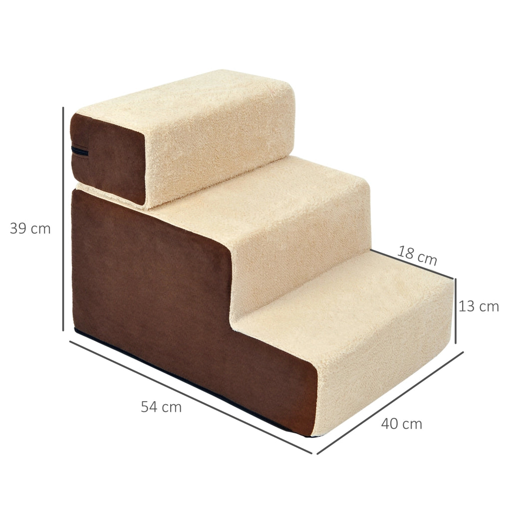 Scala per animali domestici in schiuma beige a 3 gradini con rivestimento in peluche 54x40x39 cm