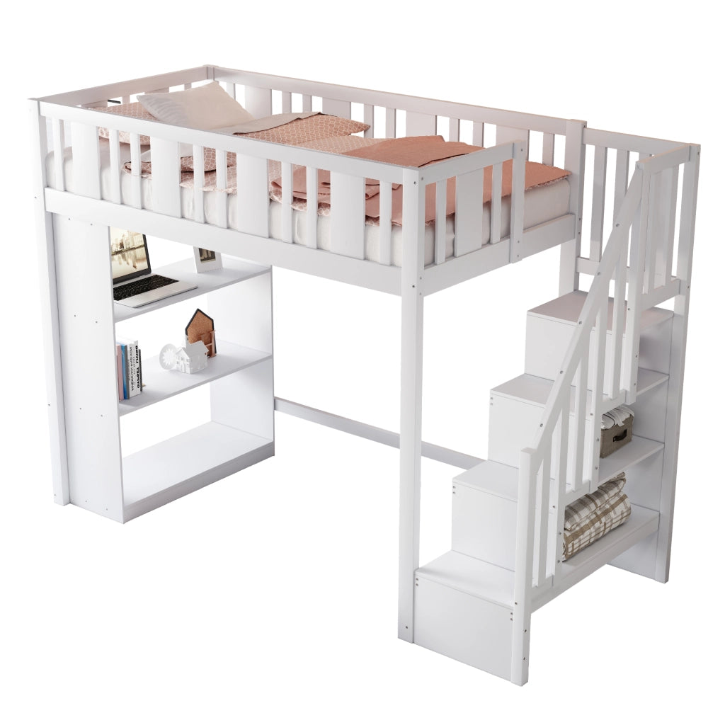 Letto a castello bianco in legno di pino con scala portaoggetti 90x200 cm