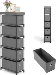 Cassettiera Stretto con 5 Cassetti in Tessuto Estraibili e Pieghevoli, Comò Camera da Letto con Telaio in Metallo, Mobile per Camera da Letto, Soggiorno, Ufficio, 40 x 19 x 100 cm (Grigio)