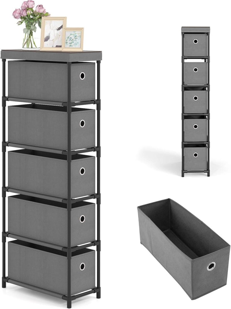Cassettiera Stretto con 5 Cassetti in Tessuto Estraibili e Pieghevoli, Comò Camera da Letto con Telaio in Metallo, Mobile per Camera da Letto, Soggiorno, Ufficio, 40 x 19 x 100 cm (Grigio)