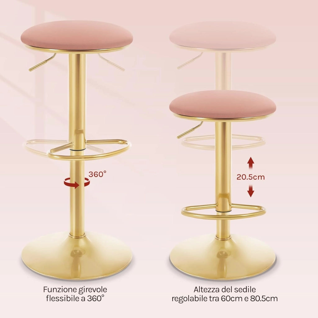 Sgabelli da Cucina Set di 2 Girevoli a 360°, Sgabelli Bar Regolabili in Altezza da 60 a 80,5 cm, con Seduta in Velluto per Sala da Pranzo, Soggiorno, Bar, Rosa, BH302rs-2