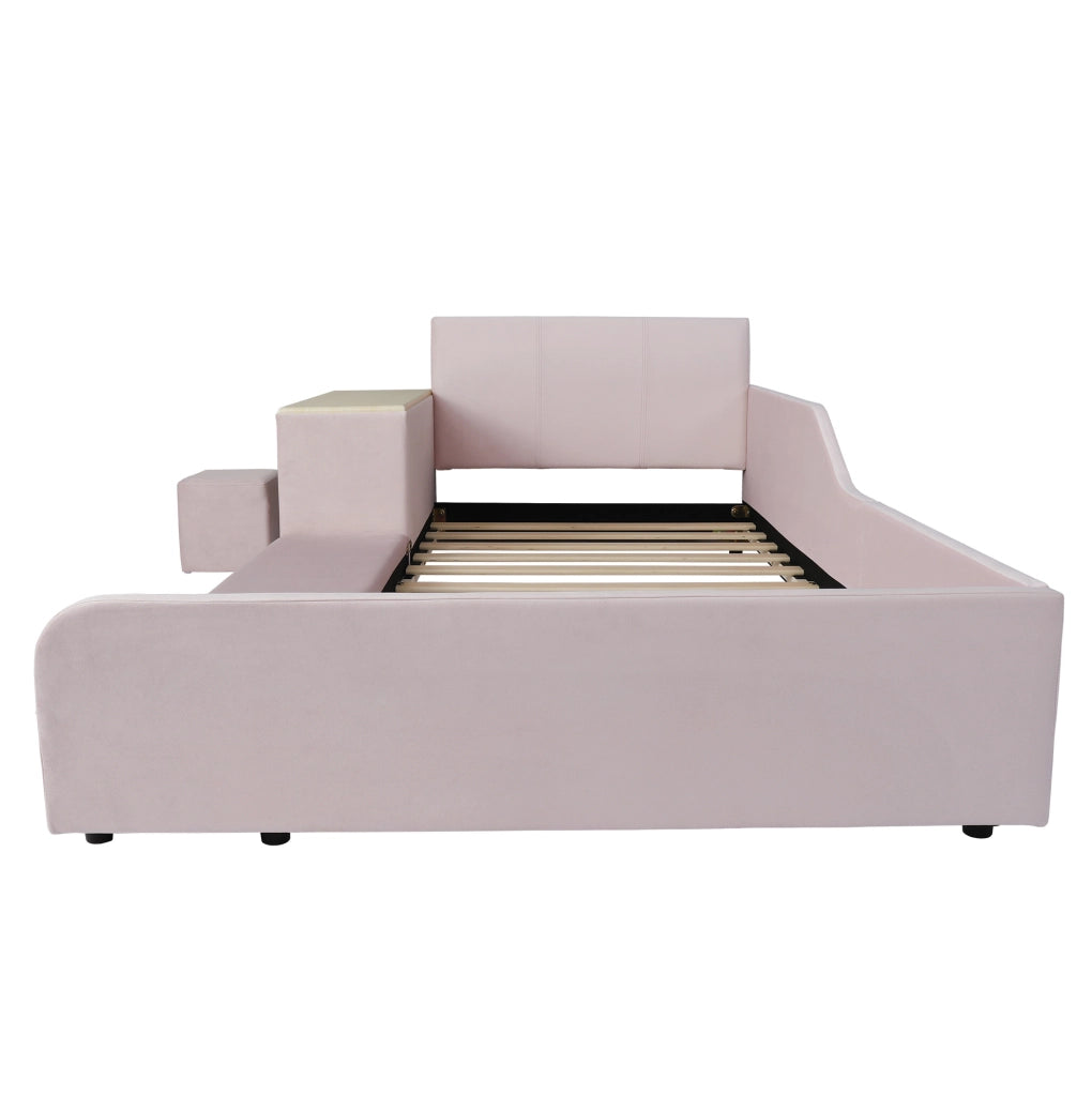 Letto imbottito 90x200 cm con scrivania; sgabello e ripiano in velluto rosa