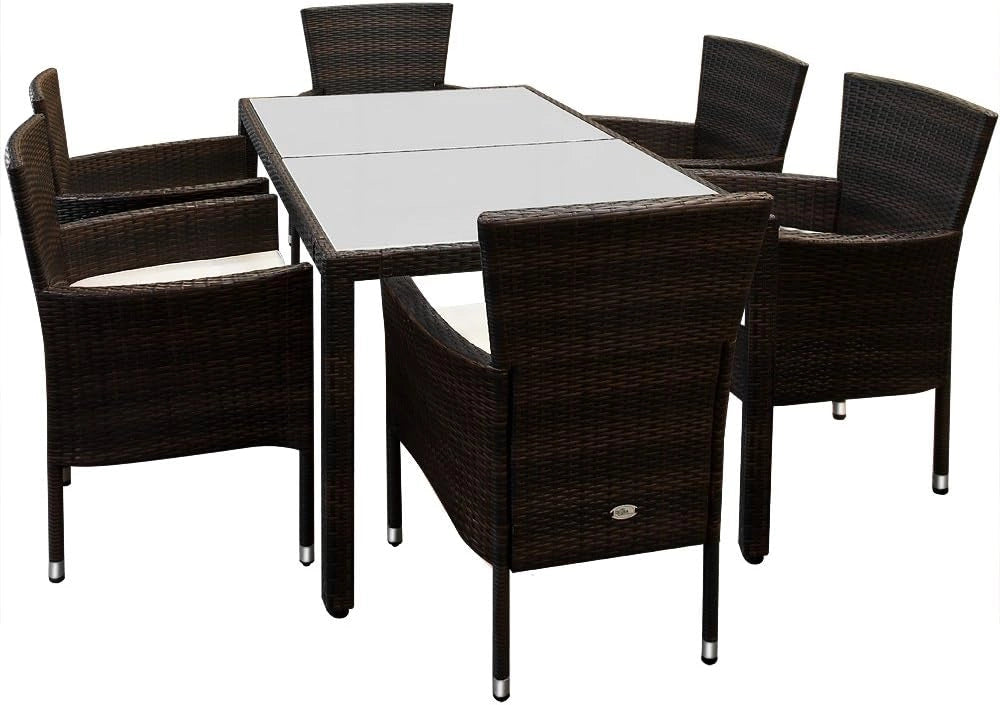 Deuba Salottino in Polyrattan Set Mobili Giardino 6 Sedie Impilabili Cuscini 7cm Tavolo 150x90x74cm