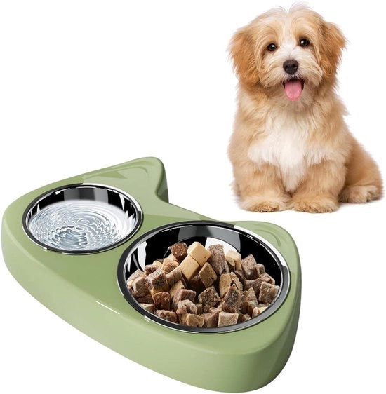 Doppio contenitore per cibo per animali domestici - Bacetto per cani in acciaio inossidabile - Antiscivolo per cibo per cani - Bacino per gatti - Adatto per piccoli cani, gattini, cuccioli - Verde
