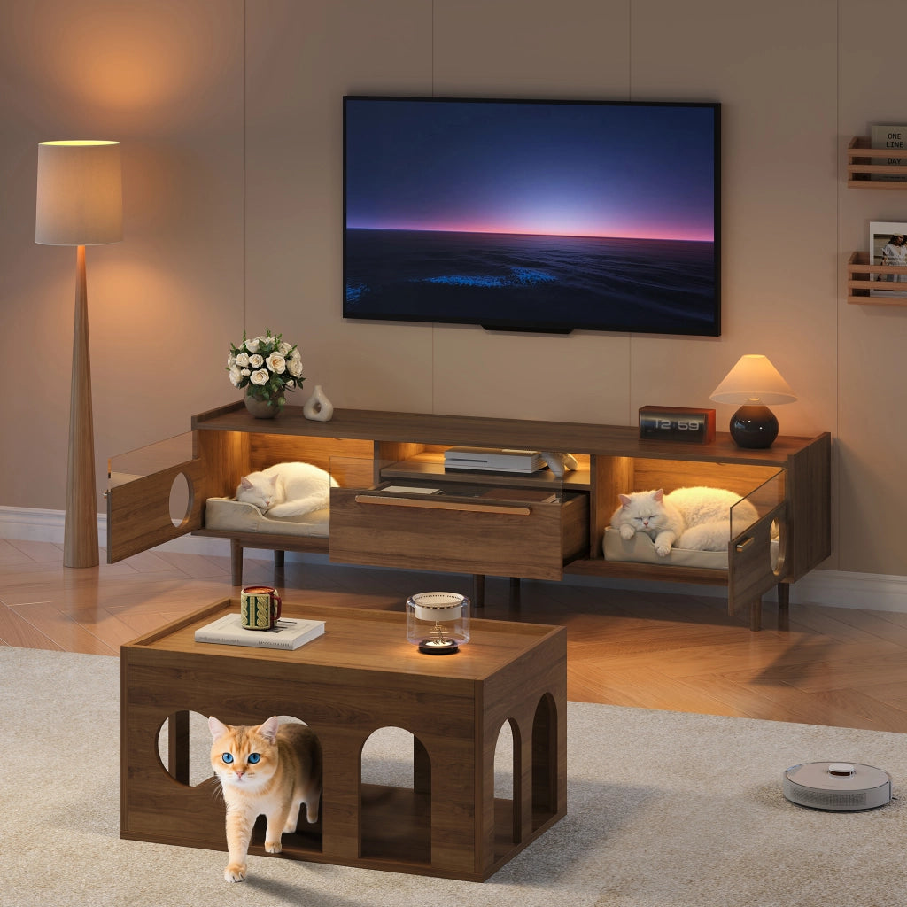 Mobile TV con LED e spazio per gatti, 180×40×50 cm, colore noce