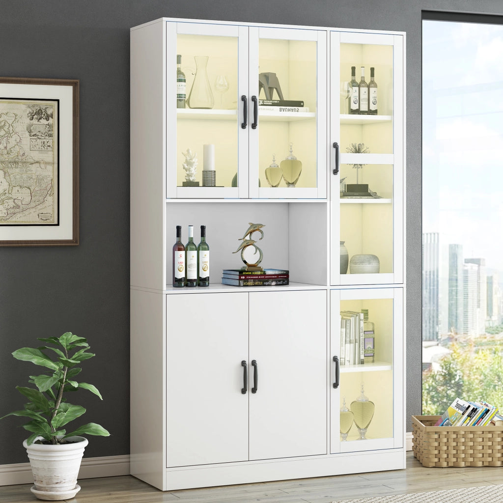 Libreria vetrina bianca con LED, ante in vetro HD, 9 vani, 120x40x200 cm, mobile contenitore multiuso