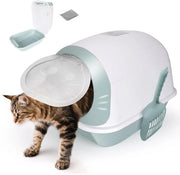 Cassetta per gatti, Cassetta per gatti chiusa con coperchio, Cassetta per gatti per gatti di tutte le età, Cassetta per gatti, Cassetta per gatti con cucchiaio di plastica e filtro di carbone attivo, Blu + Bianco