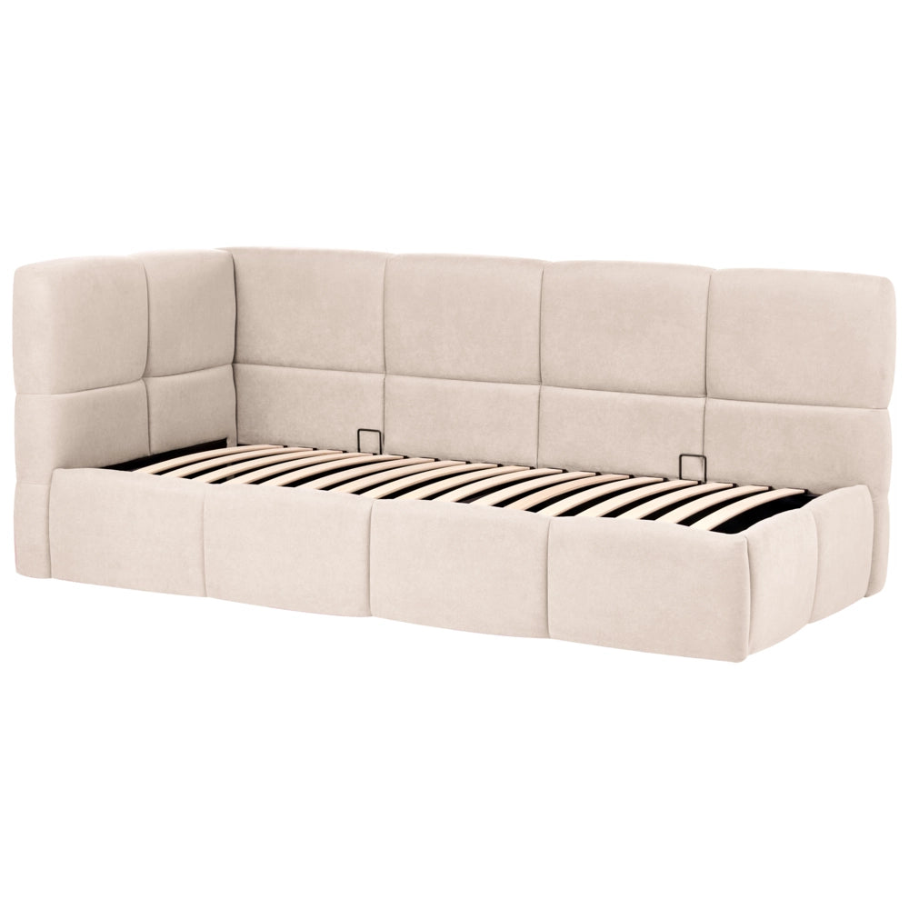 Divano letto imbottita in tessuto beige chiaro lato sinistro 90x200 cm con pouf contenitore a forma di L