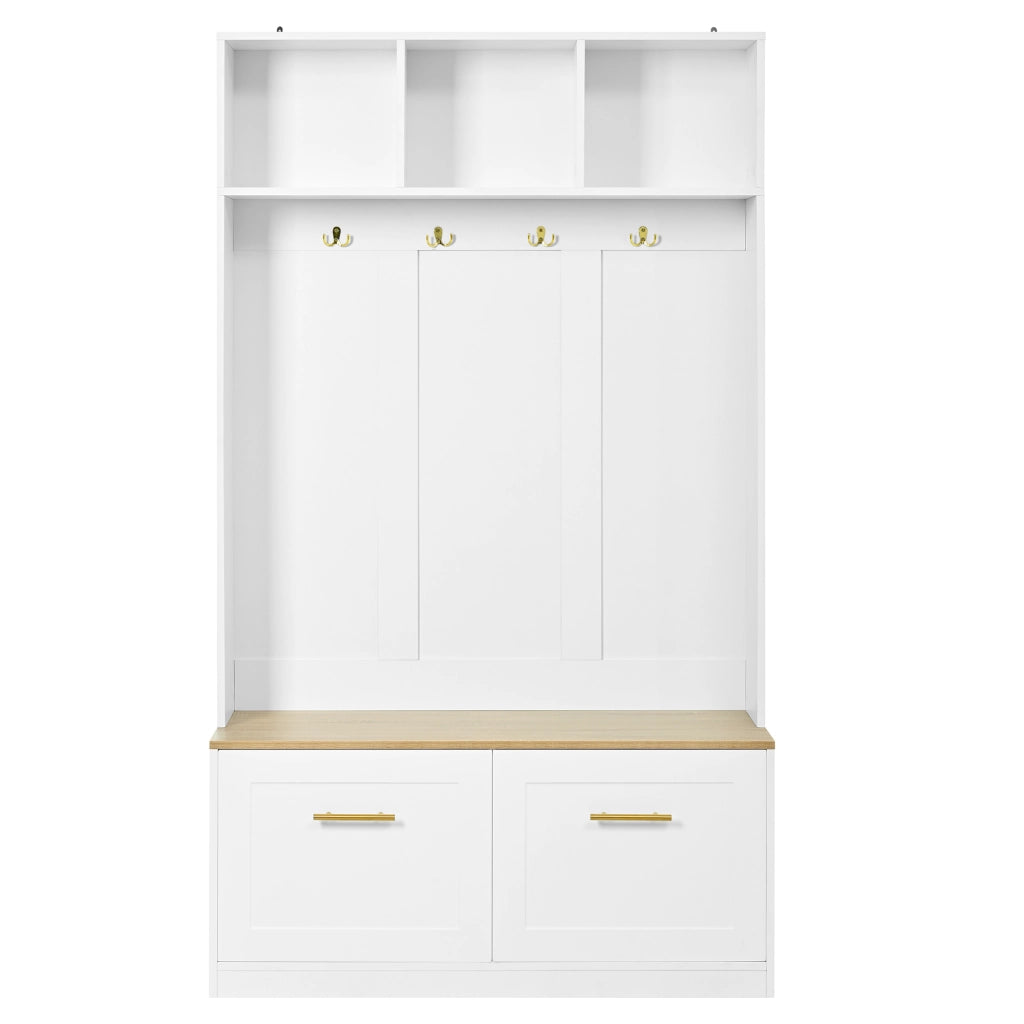 Guardaroba con Panca, Vano Aperto e 2 Ante ¨C MINIMAL ¨C Bianco/Naturale, 4 Ganci, 105x40x180 cm