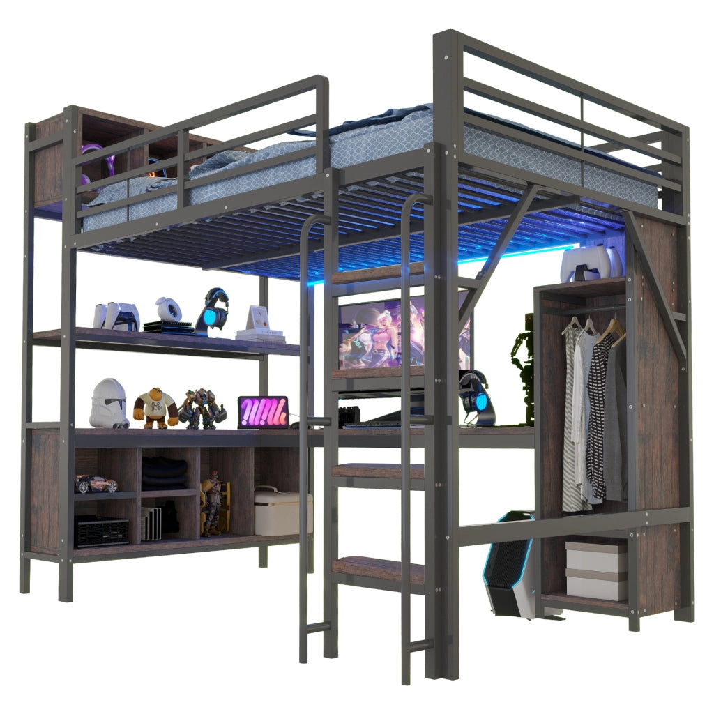 Letto a soppalco multifunzionale 140 x 200 cm con scrivania, armadietto, ripiani, LED e prese UE, nero