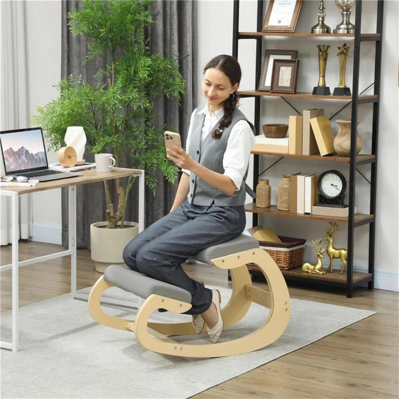 SEDIA ERGONOMICA CON INGINOCCHIATOIO E RECLINABILE, IN TESSUTO EFFETTO LINO E LEGNO, 55X85X55 CM, GRIGIO CHIARO