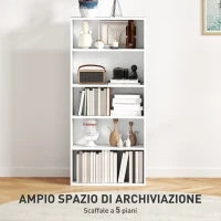 Mobile Libreria a 5 Ripiani con 3 Scaffali Flessibili, in Legno, 60x24x133.5 cm, Bianco