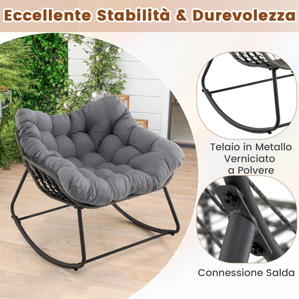 Sedia a Dondolo da Esterno, Poltrona in PE Vimini con Cuscino Rimovibile, Poltrona Relax in Rattan con Struttura in Metallo, per Soggiorno, Balcone, Giardino, Portata 150 kg (Grigio)