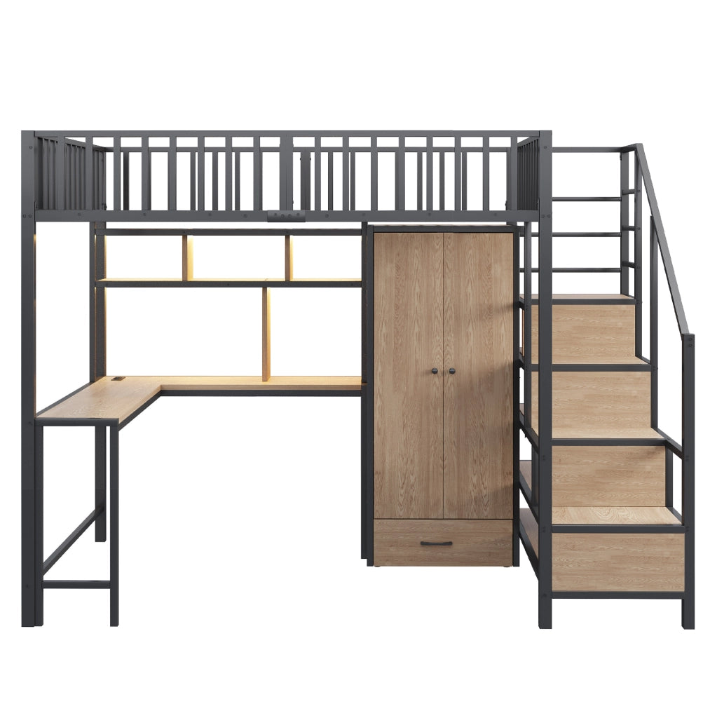 Letto a soppalco in metallo 140x200 cm con scrivania; armadio; LED e prese; nero