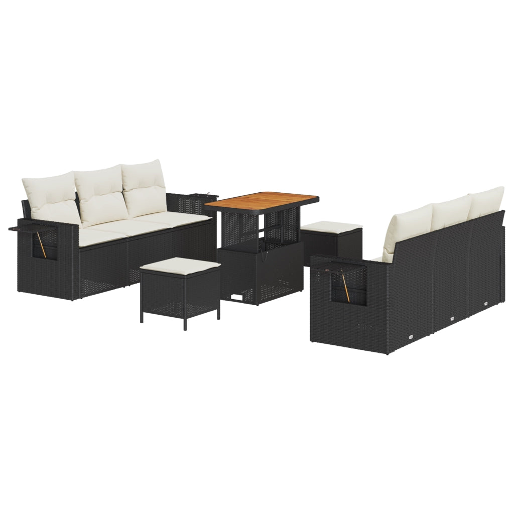 Set Divano da Giardino  9 Pezzi con Cuscini Rattan Polimerico Nero Acacia