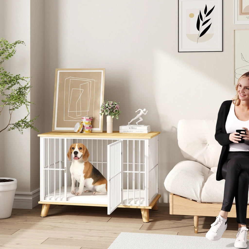 Casetta per cani con tappetino estraibile e porta a chiusura ¨C zephmum ¨C 86x60x70 cm, bianco e grigio, metallo