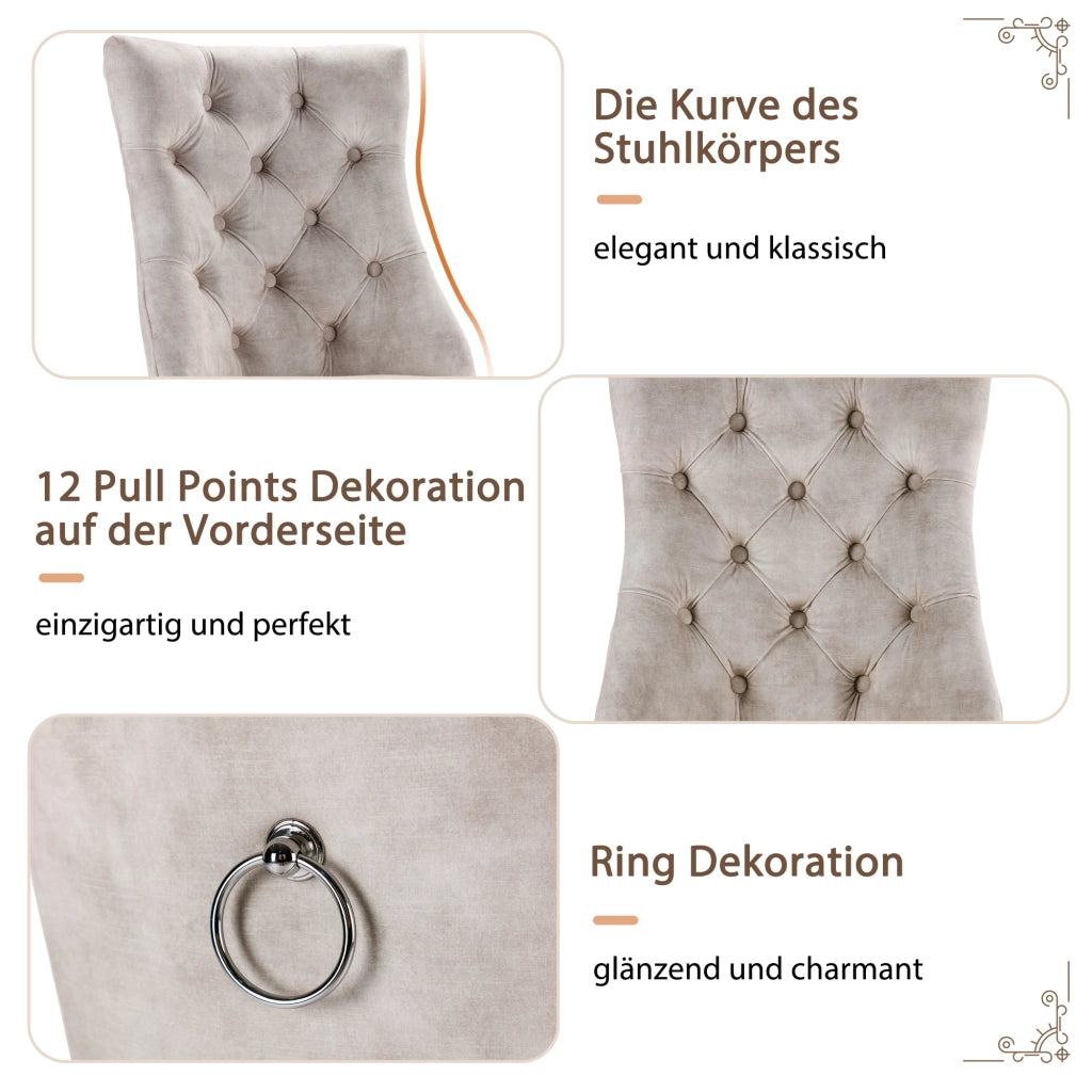 Sedie da Pranzo in Velluto con Schienale Alto ¨C MINIMAL ¨C Beige Chiaro, Gambe Massello, Set 6 Pezzi