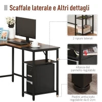 Scrivania Angolare in Stile Industriale con Ripiano Laterale, in Legno e Metallo Nero, 150x120x75cm