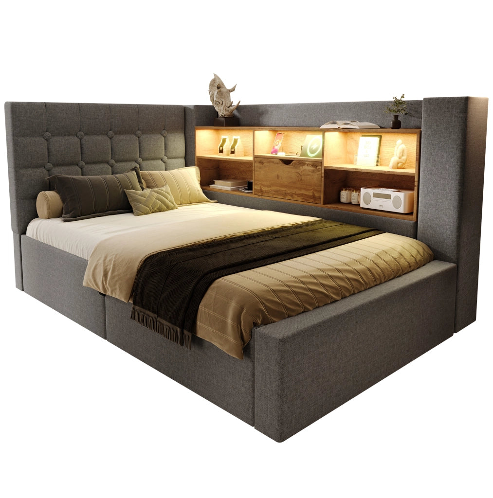 Letto singolo imbottito 90x200 cm con LED; vano contenitore idraulico; USB; lino grigio